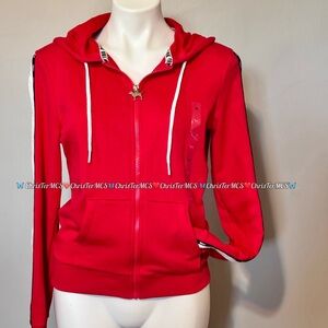 VS PINK HOODIE FULL ZIP RED AND WHITE SLEEVE BUTTONS DETAILS BNWT .